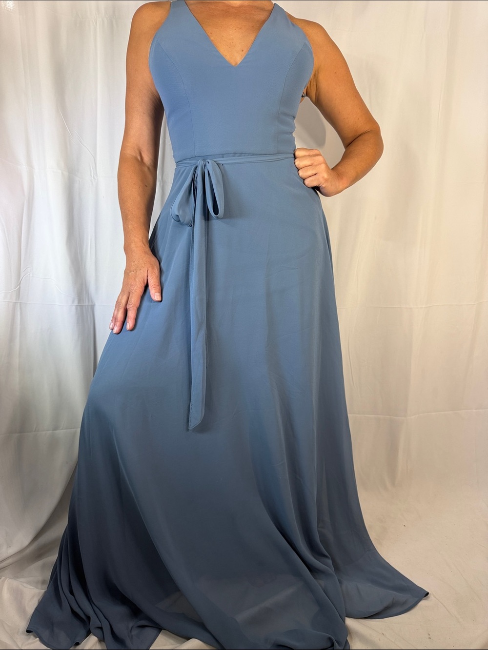 Marchesa Slate Blue V-Neck Maxi Dress with Waist Tie